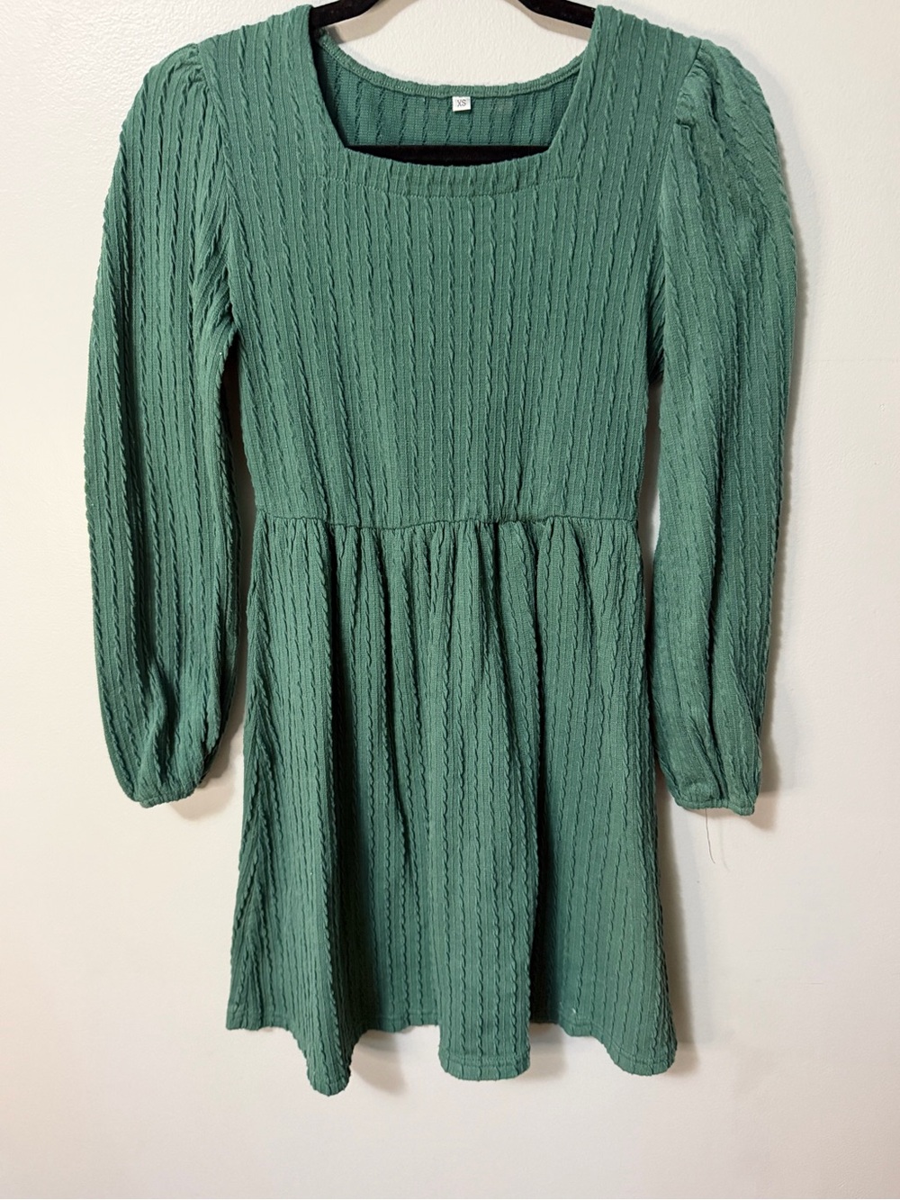 Cottagecore Sage Green Textured Knit Babydoll Mini Dress XS